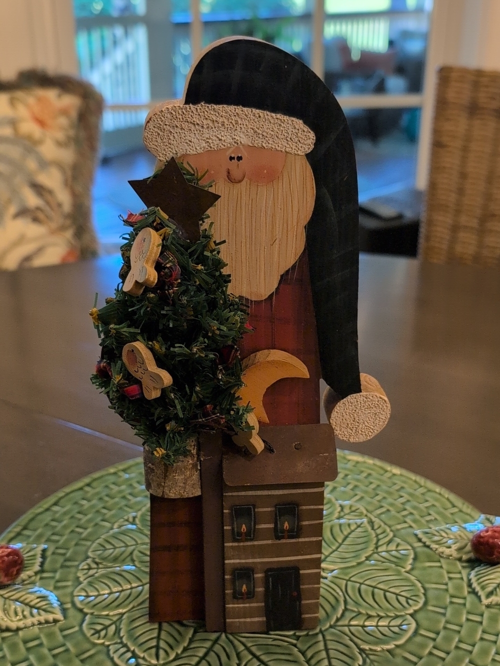 Rustic Handmade Wooden Santa Christmas Tree & House Folkart Tabletop Decoration